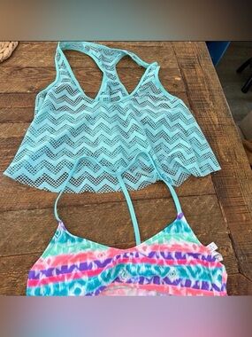 Women’s Aqua Crochet Swim Cover-Up & Multicolor Tie-Dye Tankini Set (Size XL)